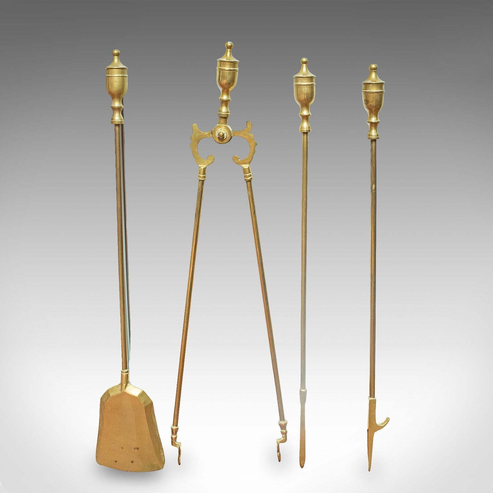 4 Antique Fireside Tools, English, Brass, Fireplace Companion Set, Victorian photo for sale