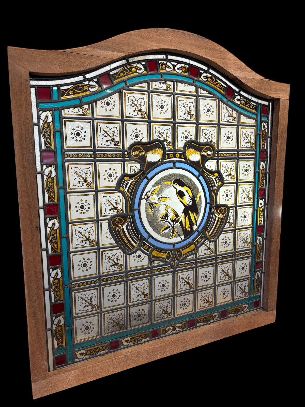 Antique Kiln Fired Stained Glass Window Panel Period Reclaimed Rare Teak Wood photo furniture