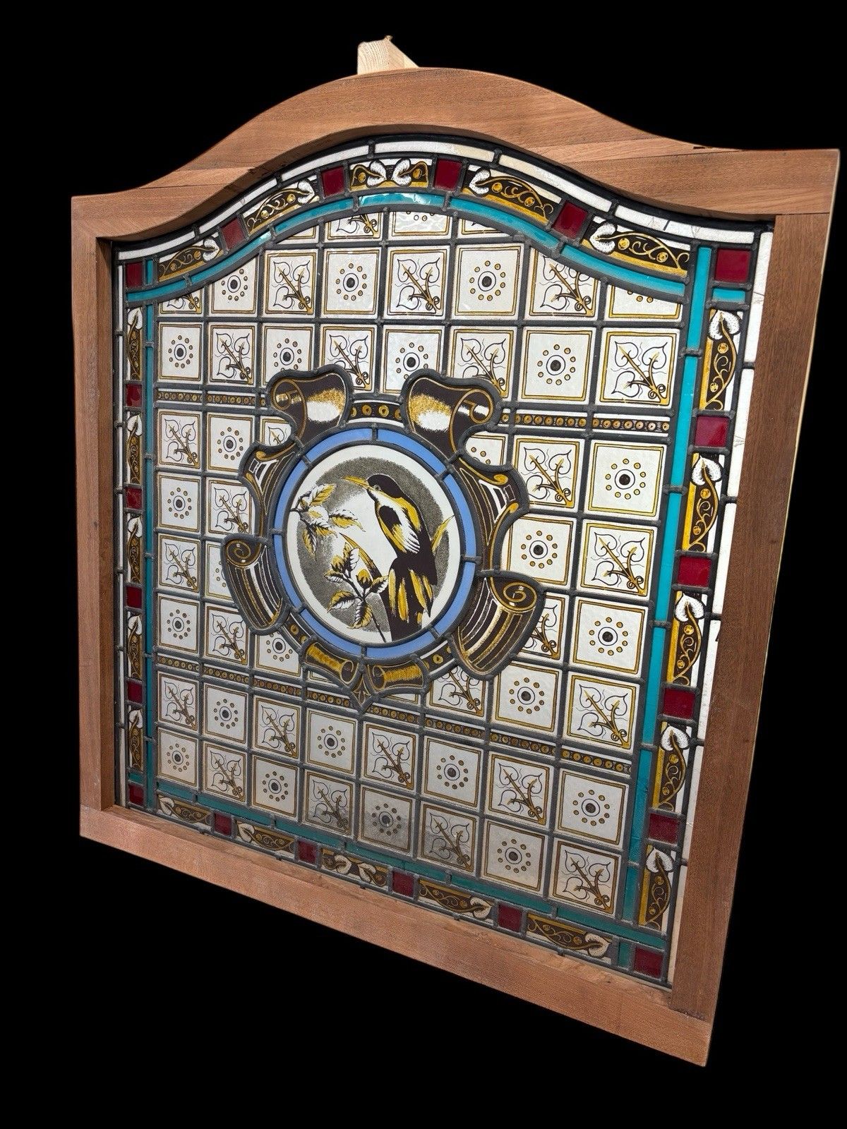 Antique Kiln Fired Stained Glass Window Panel Period Reclaimed Rare Teak Wood photo for sale