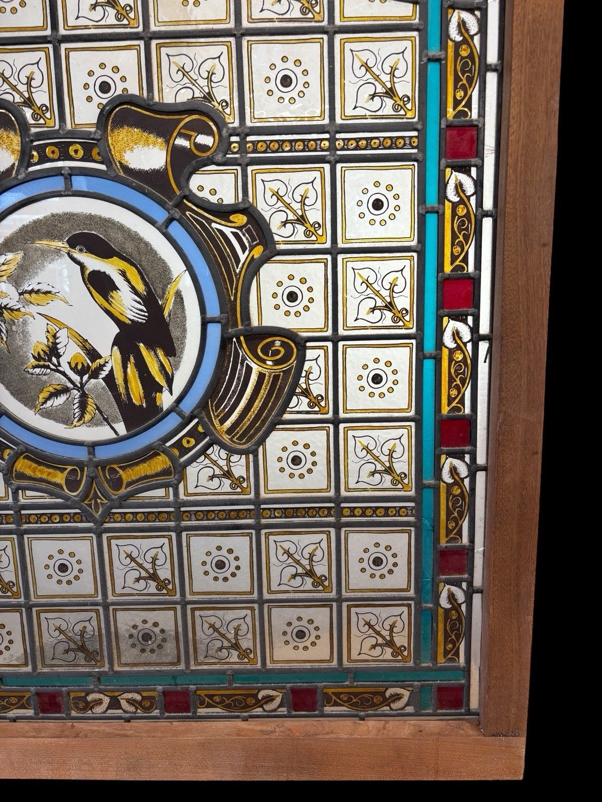 Antique Kiln Fired Stained Glass Window Panel Period Reclaimed Rare Teak Wood photo vinterior