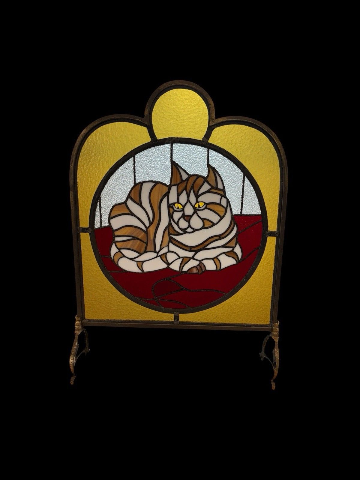Antique Brass Fire Guard Stained Glass Tiffany Cat Period Refurbished Nouveau photo furniture