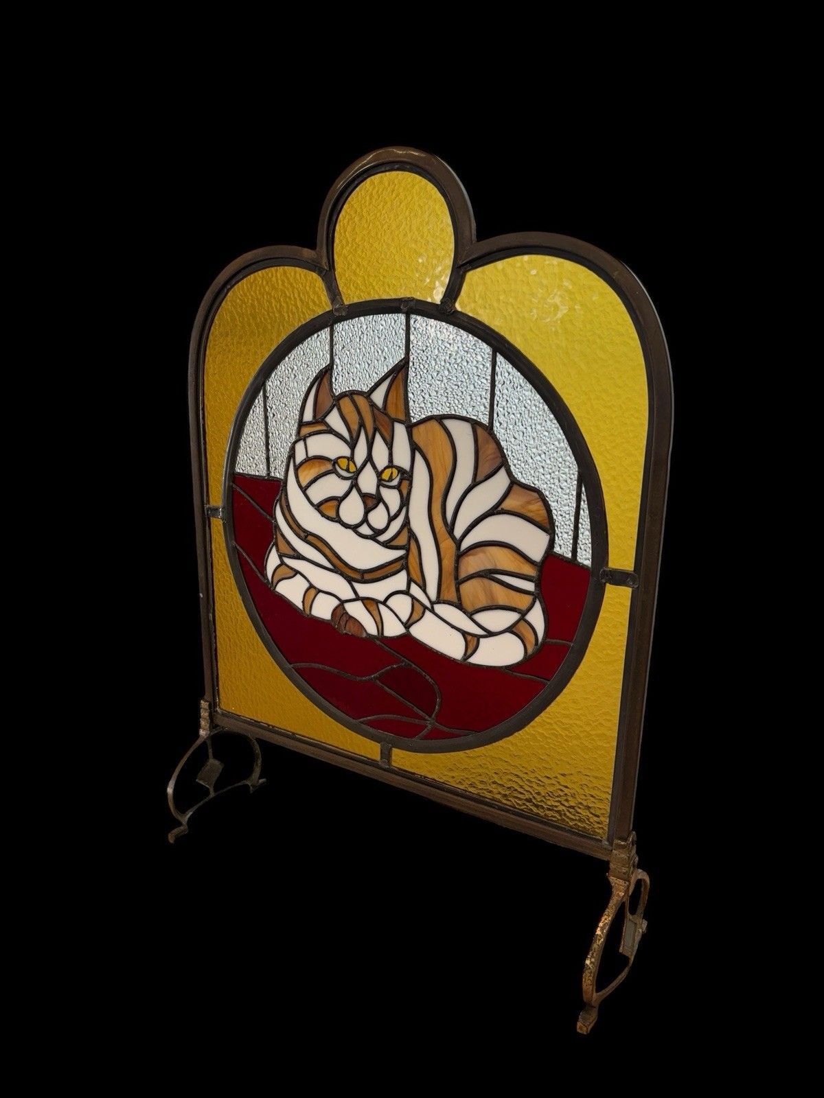Antique Brass Fire Guard Stained Glass Tiffany Cat Period Refurbished Nouveau photo Home Fixtures
