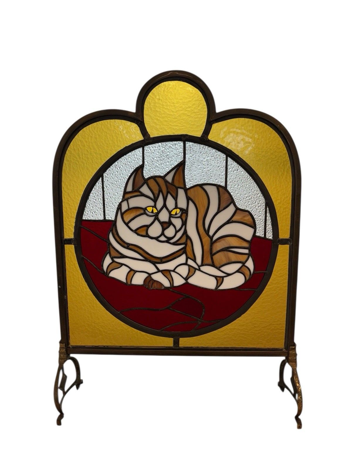 Antique Brass Fire Guard Stained Glass Tiffany Cat Period Refurbished Nouveau photo vintage