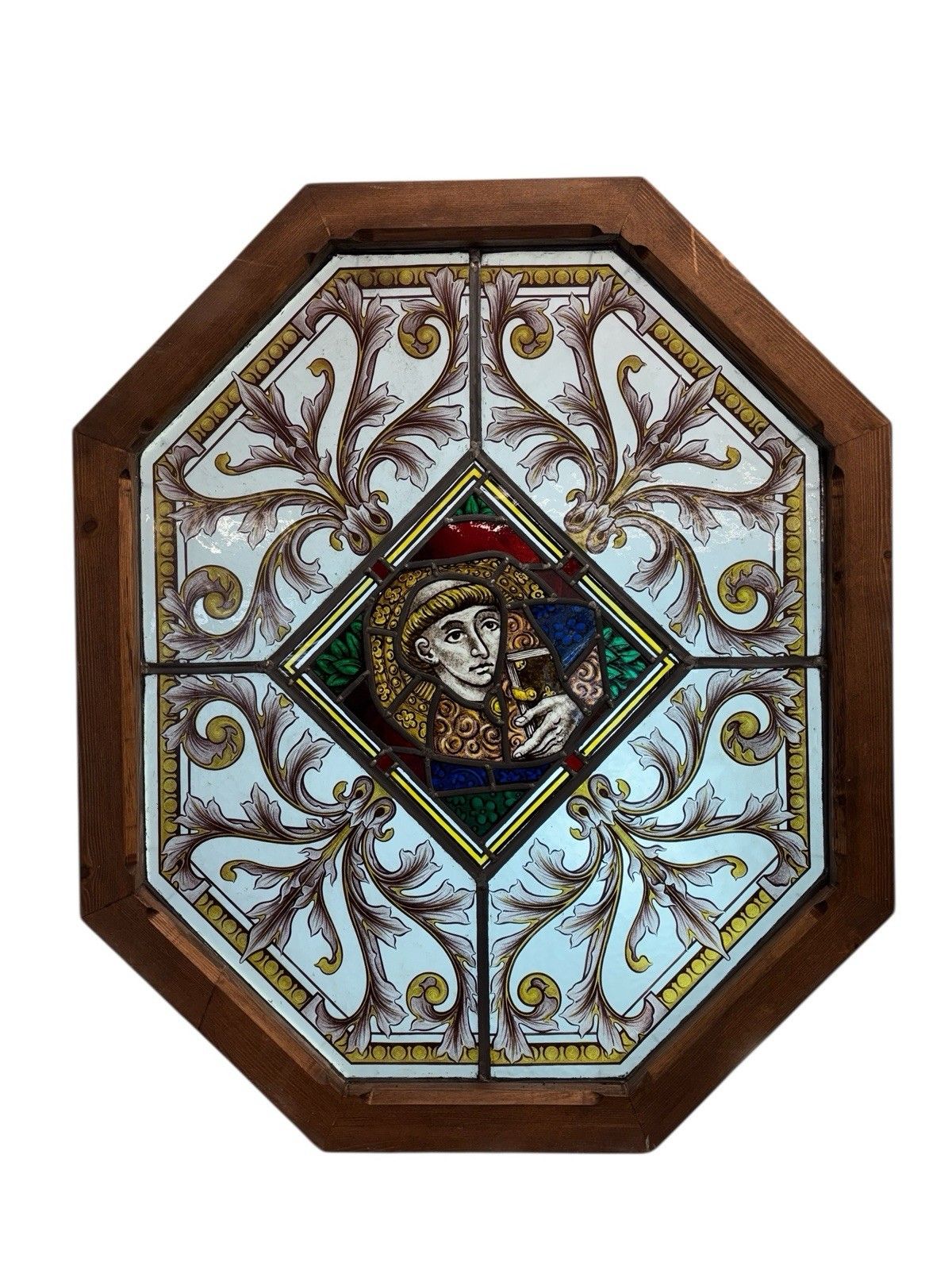 Antique Hand Painted Stained Glass Window Panel Period Reclaimed Restored Leaded photo furniture