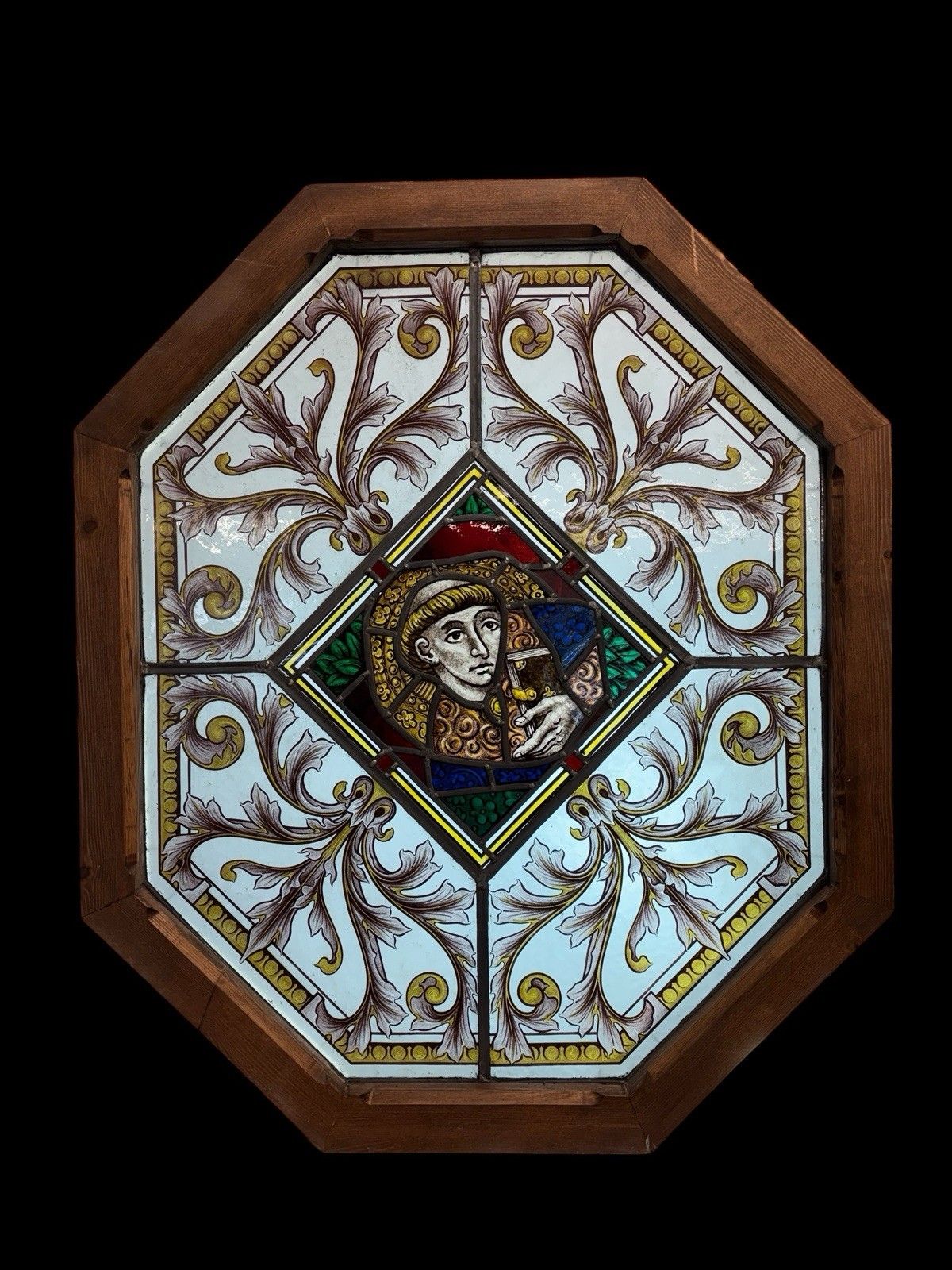 Antique Hand Painted Stained Glass Window Panel Period Reclaimed Restored Leaded photo for sale