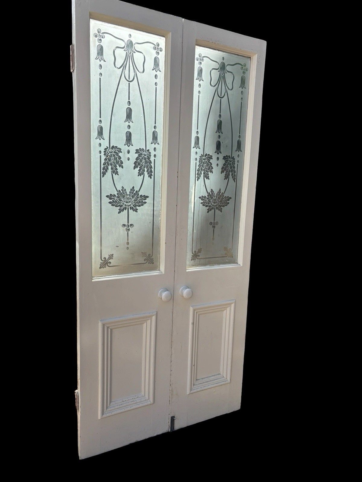 Victorian Acid Etched French Doors Reclaimed Period Antiques Old 1/4 Plate Glass photo for sale