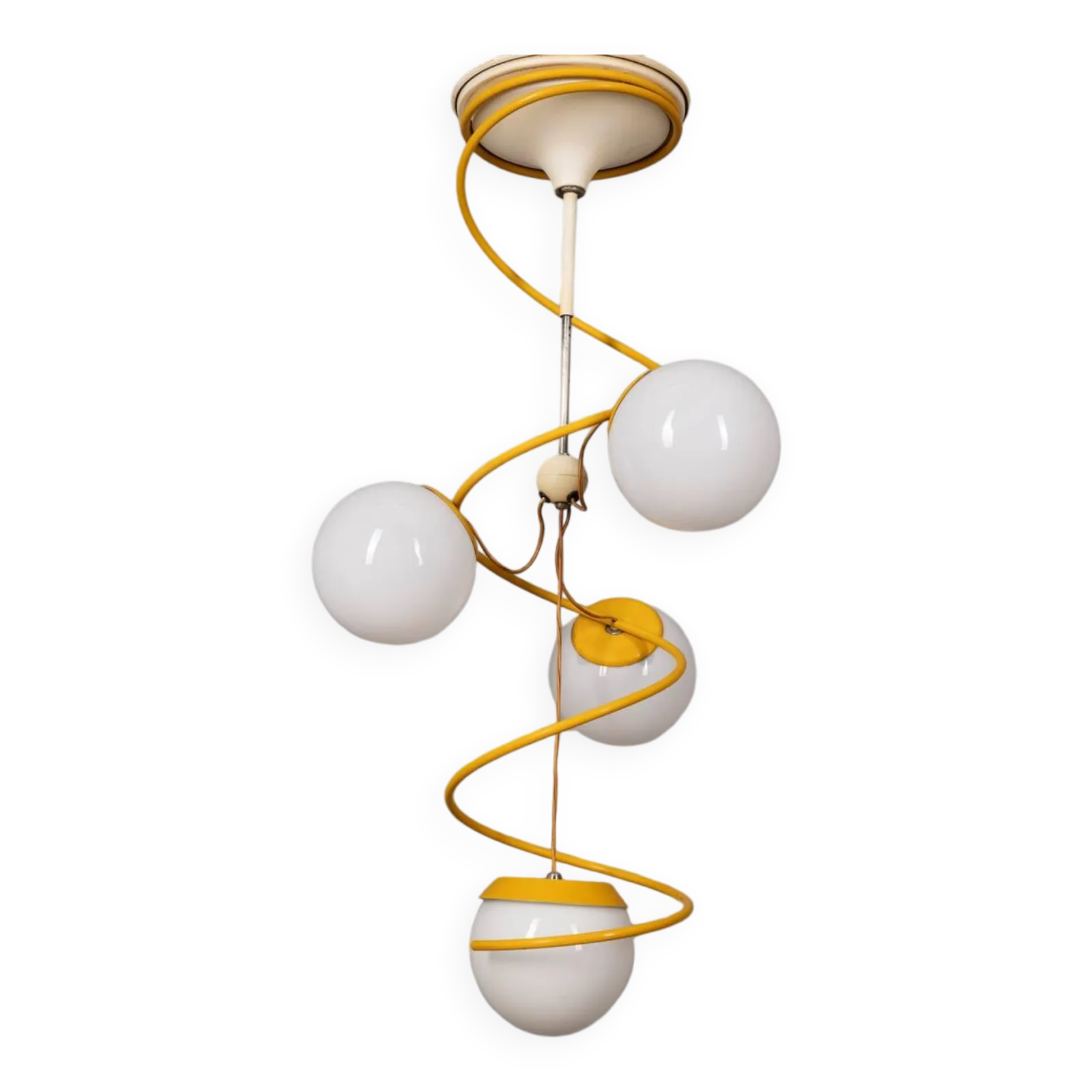 Vintage 1970s Chandelier In Yellow Metal And Glass, Italian Space Age Design
