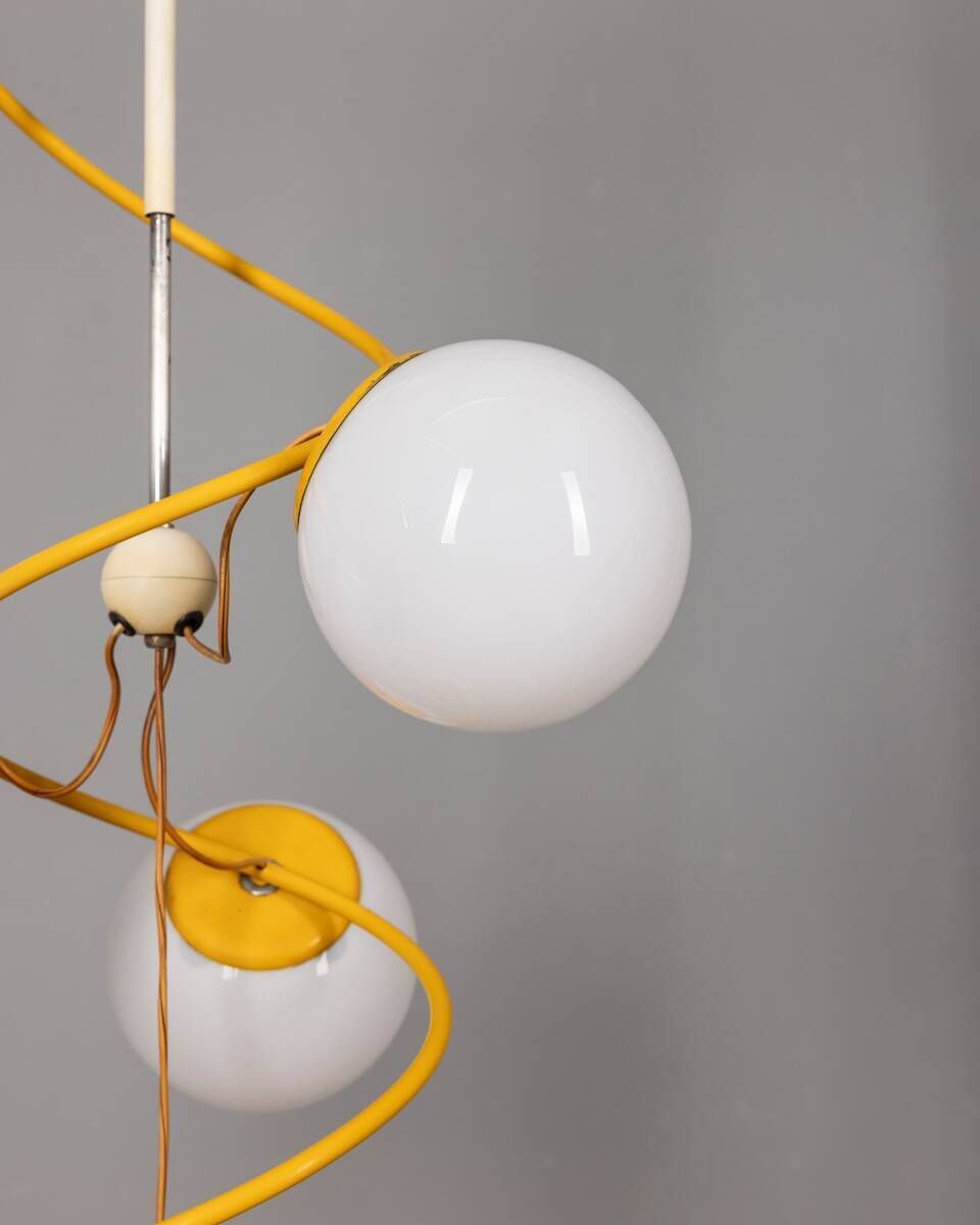 Vintage 1970s Chandelier In Yellow Metal And Glass, Italian Space Age Design photo vintage