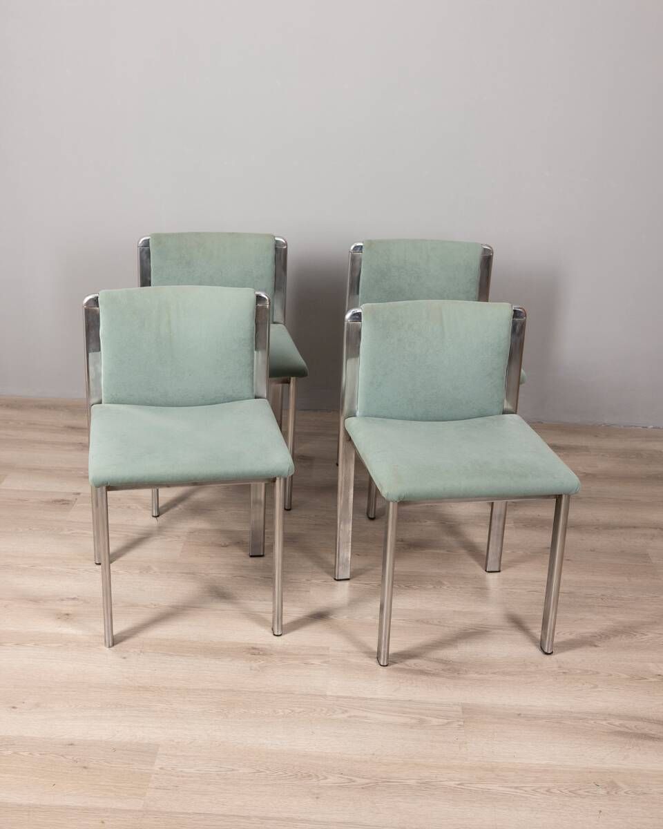 photo furniture Set Of 4 Vintage 70s Chairs In Metal And Turquoise Fabric, Italian Design
