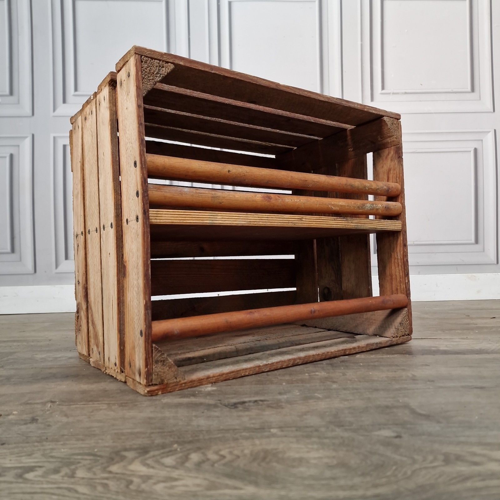 Vintage Wooden Crate Shelf Wall Display Rustic Pine Storage Box Upcycle Retro photo for sale