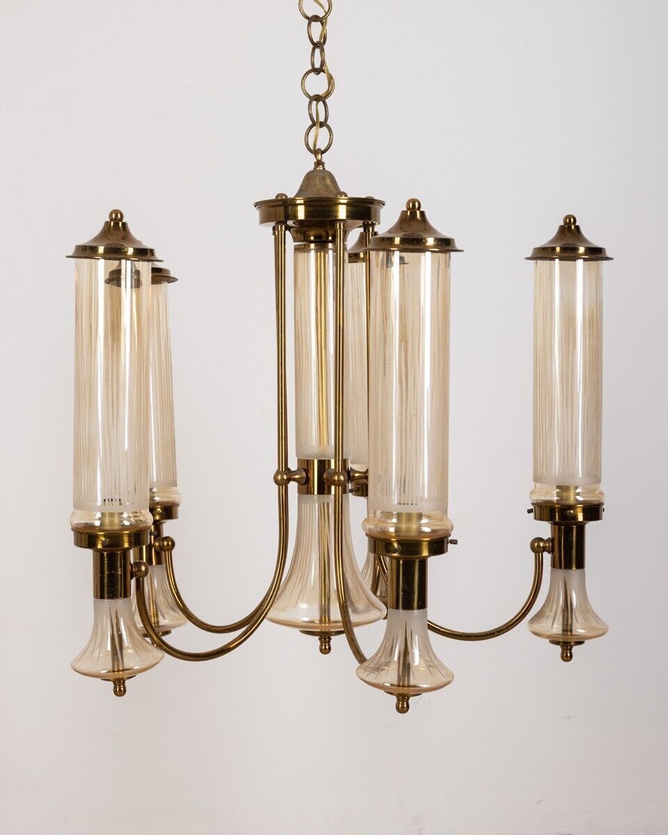 Vintage 1960s Chandelier In Brass And Glass, Japanese Design photo furniture