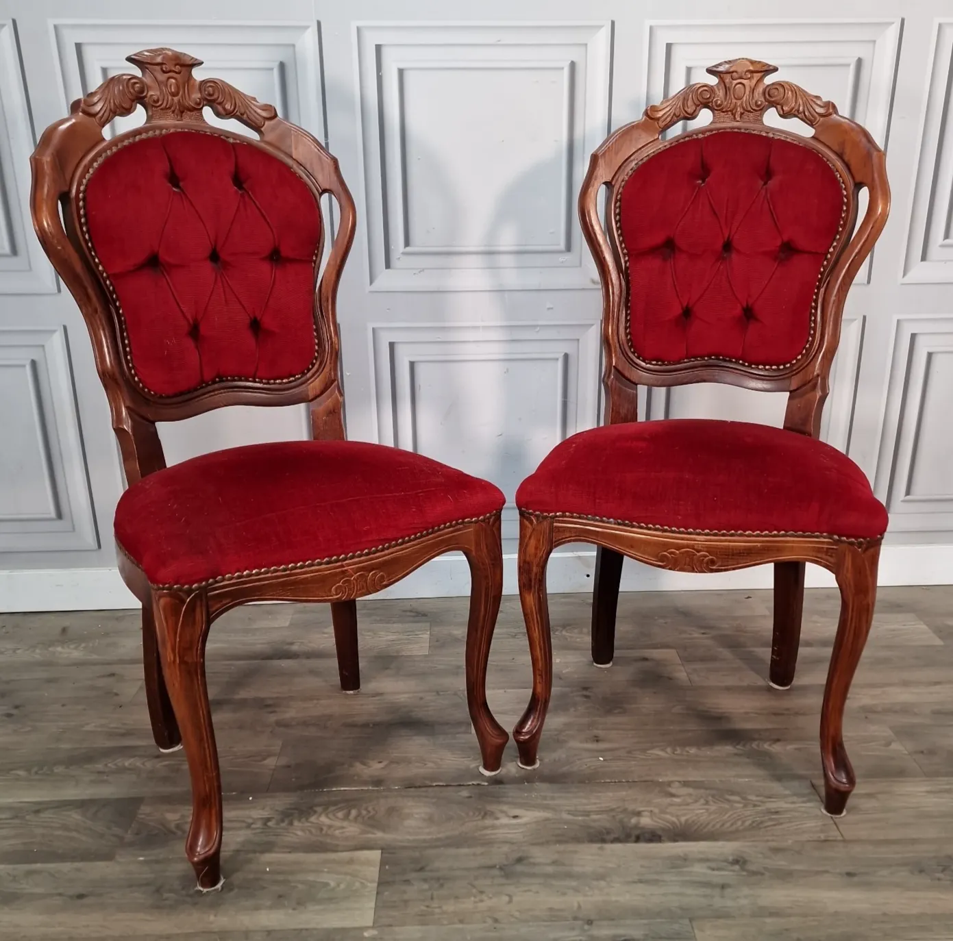 Antique Victorian Style Chairs Pair Carved Walnut Red Upholstery Bedroom Seats