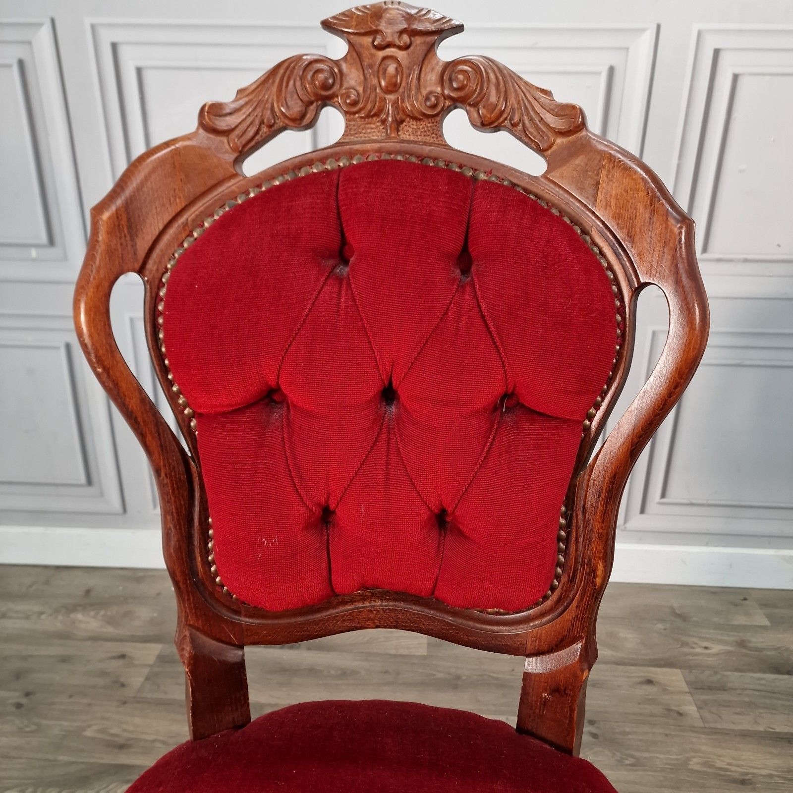 Antique Victorian Style Chairs Pair Carved Walnut Red Upholstery Bedroom Seats photo 170.0