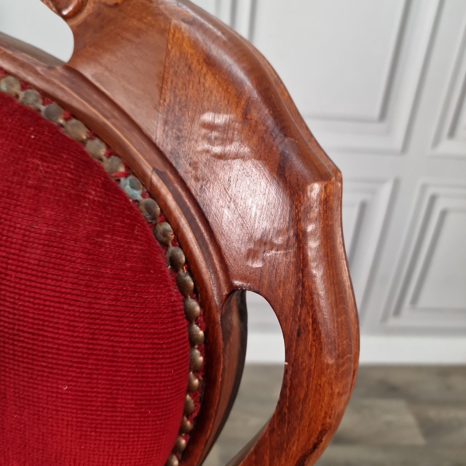 170.0 Antique Victorian Style Chairs Pair Carved Walnut Red Upholstery Bedroom Seats photo