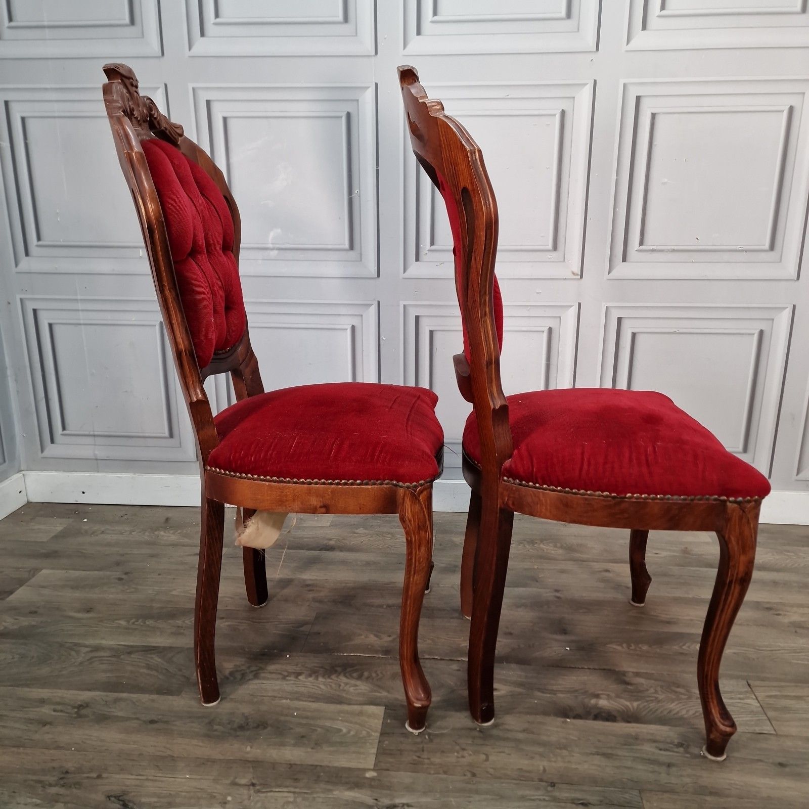 photo buy Antique Victorian Style Chairs Pair Carved Walnut Red Upholstery Bedroom Seats