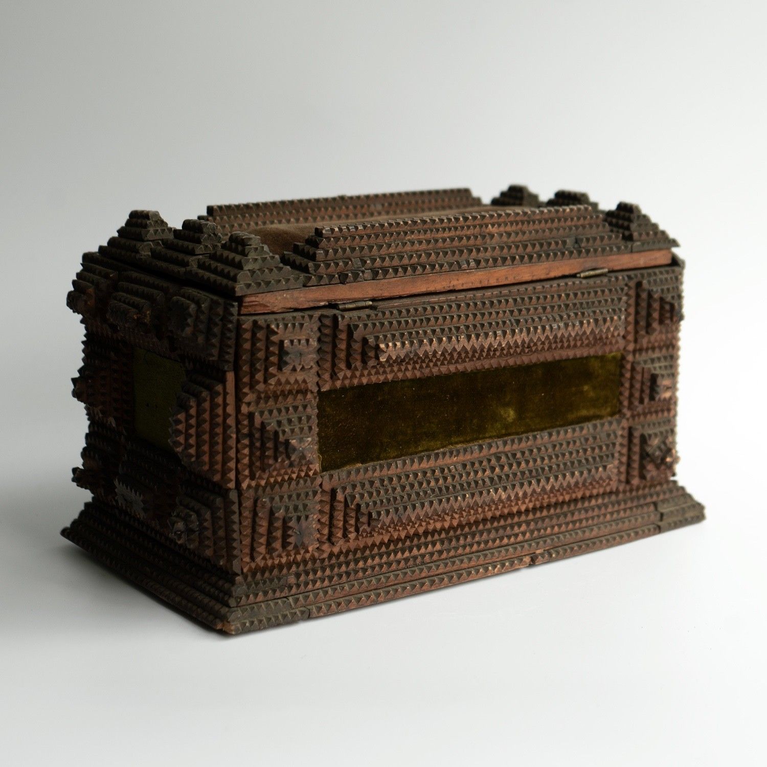 Home Decor Antique Tramp Art Carved Wooden Box, Folk Art Jewellery Casket, Late 19th C. photo