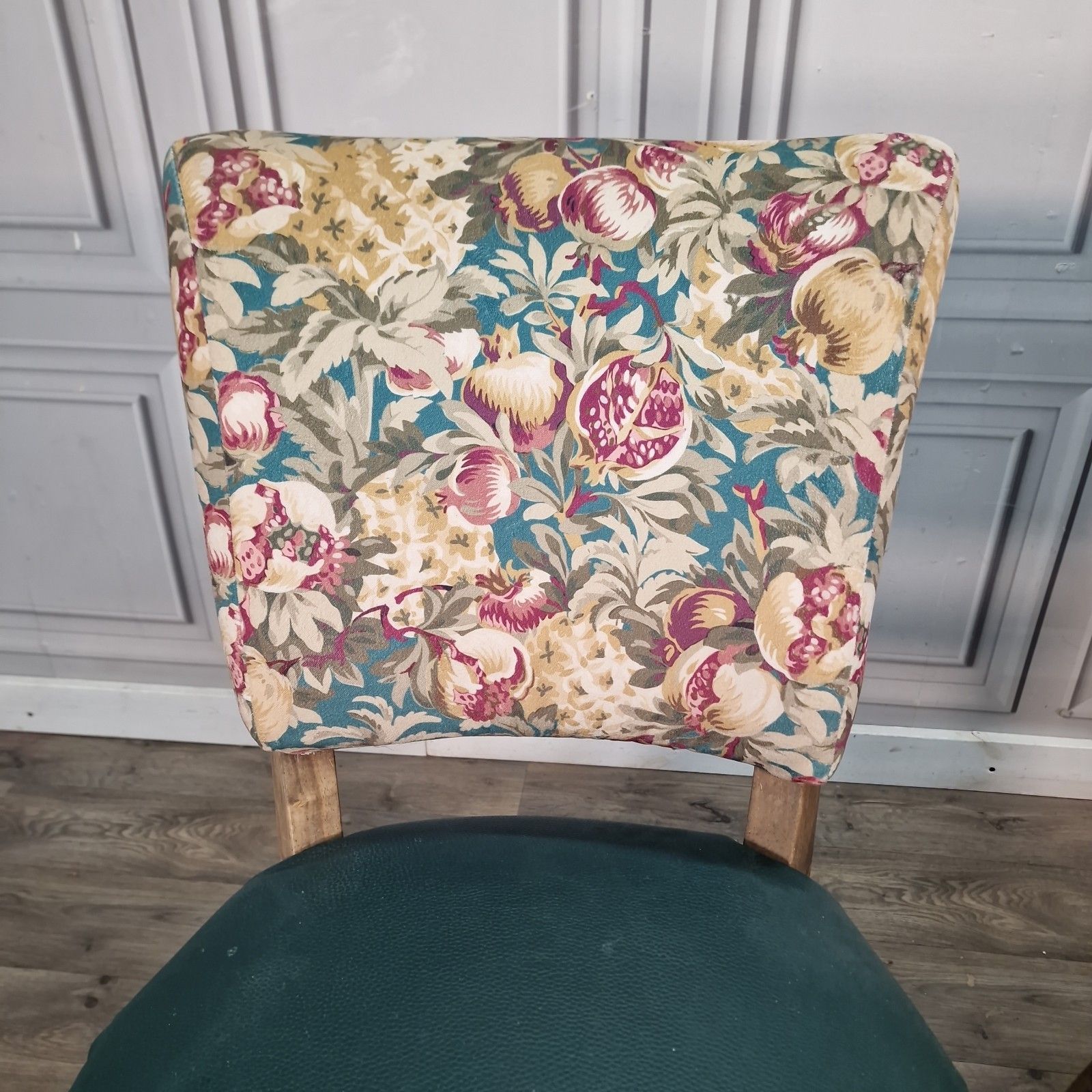 Pair Vintage Floral Chairs Upholstered Back Vinyl Bedroom Dining Seats Retro photo vintage