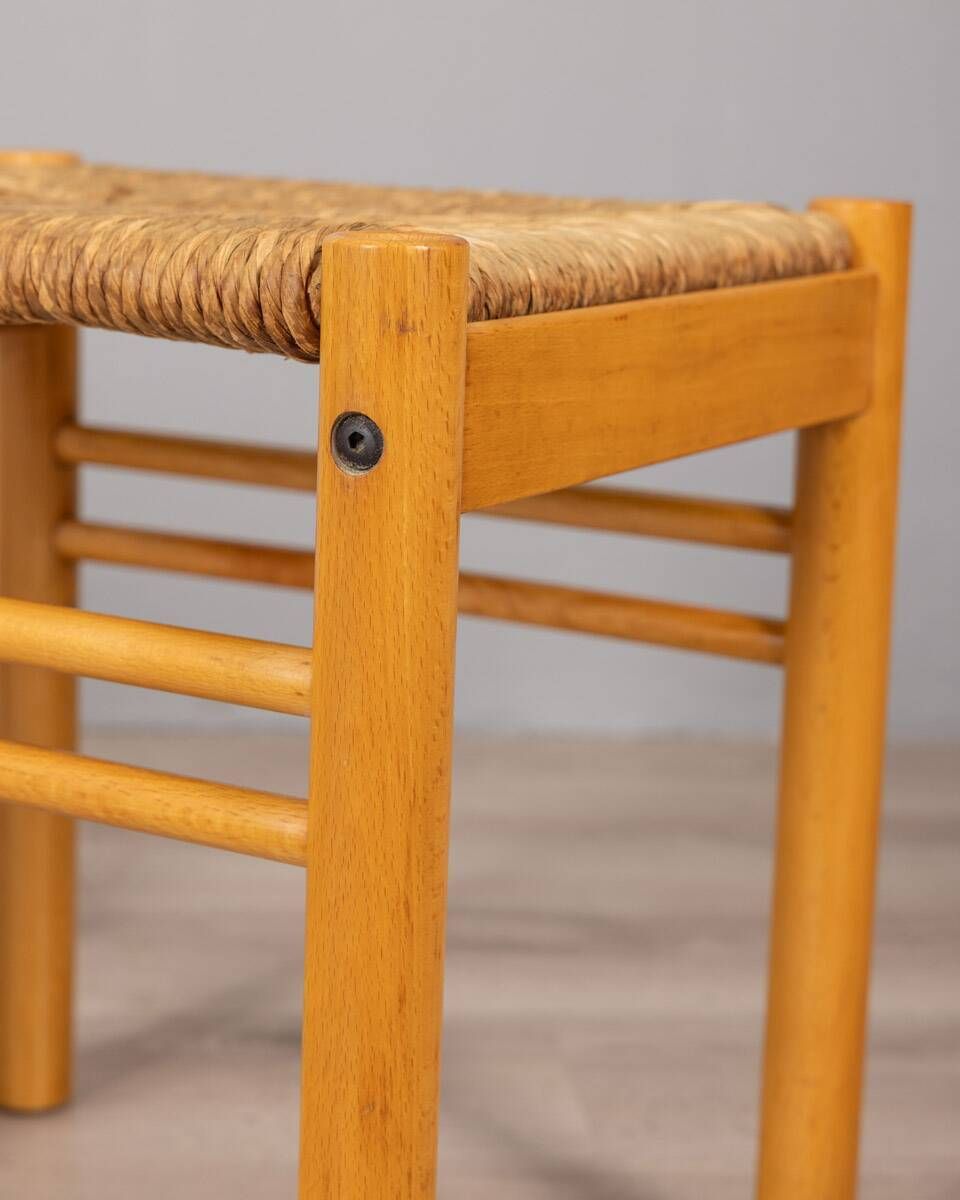 Pair Of Vintage 1970s Hibiscus Design Wooden And Rope Stools photo vinterior