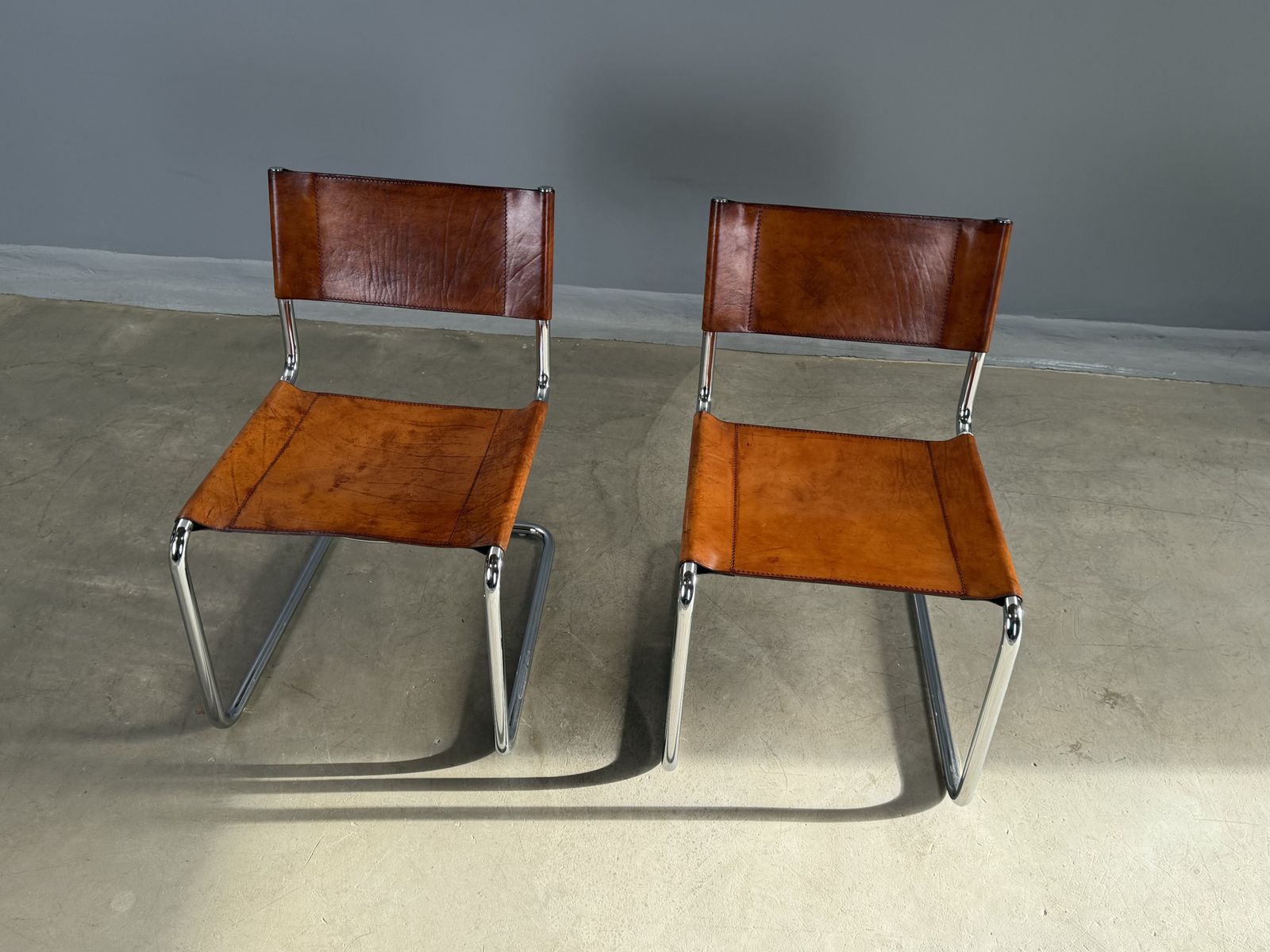 photo furniture Pair Dining Or Desk Or Side Chair Mart Stam Marcel Breuer S33 Set Of 2 Two Chrome Tan Cognac Brown Leather Cantilever Bauhaus Matteo Grassi