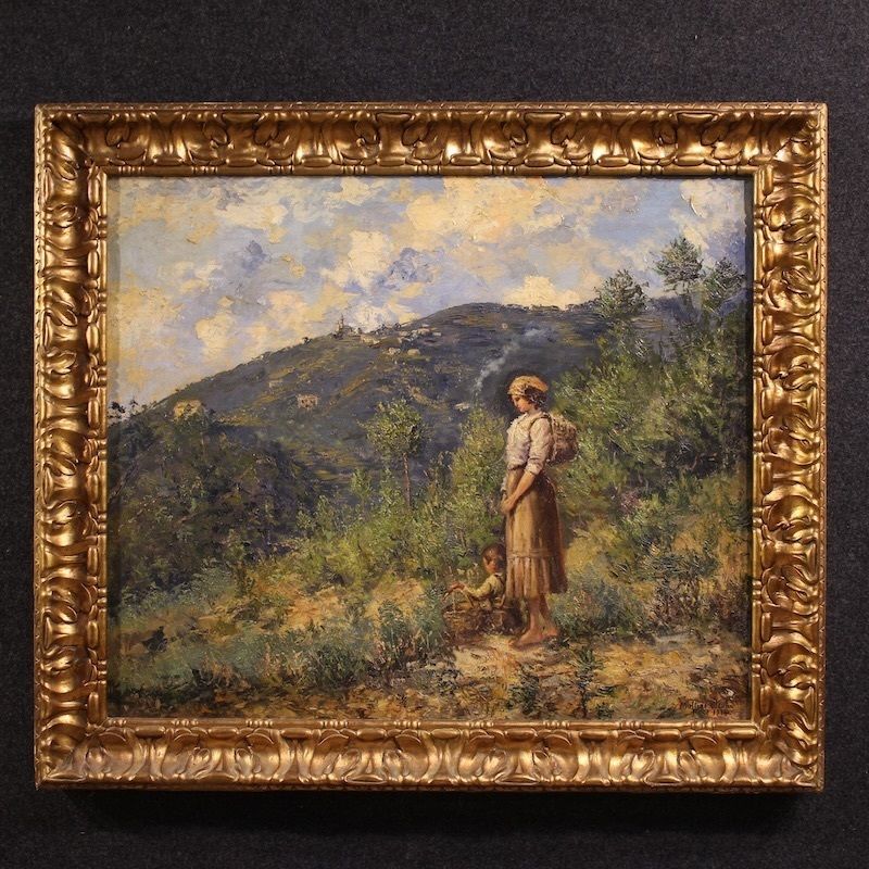 Italian Landscape With Figure Painting Signed And Dated 1914