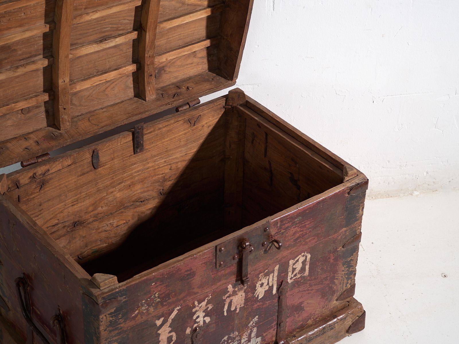 Furniture Antique Iron Reinforced Trunk In Pine Wood – China, Circa 1900 photo