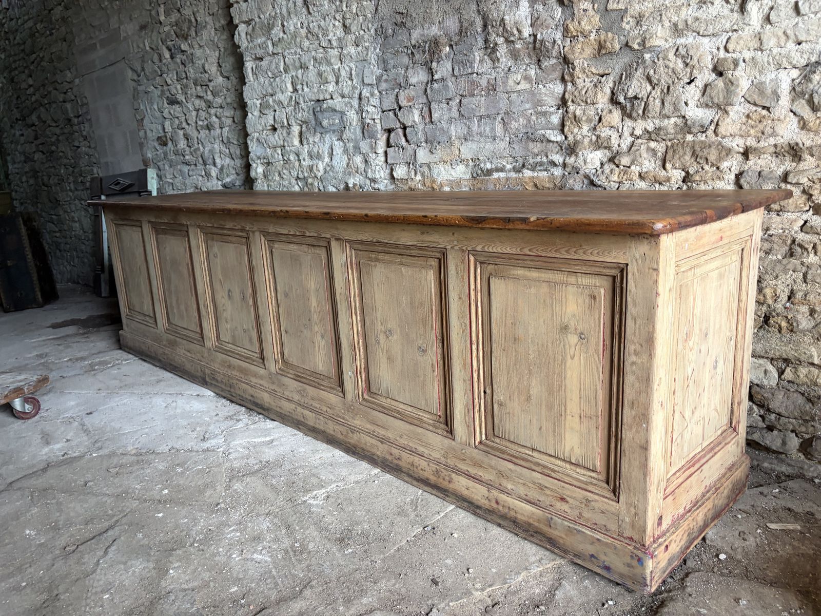 photo for sale Large 19th Century French Haberdashery Shop Counter Oak And Pine 3 Meters