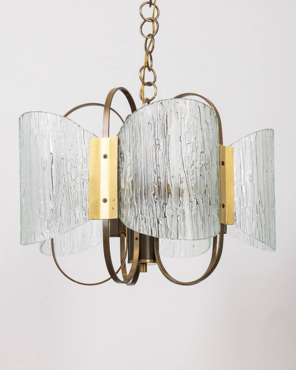 Vintage 60's Chandelier In Brass And Worked Glass Italian Design photo Lighting