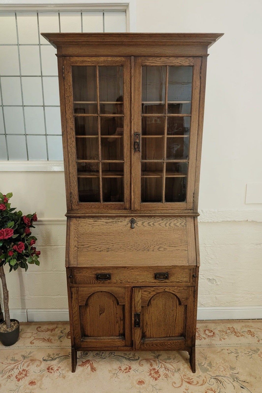 Edwardian Solid Oak Bookcase Bureau