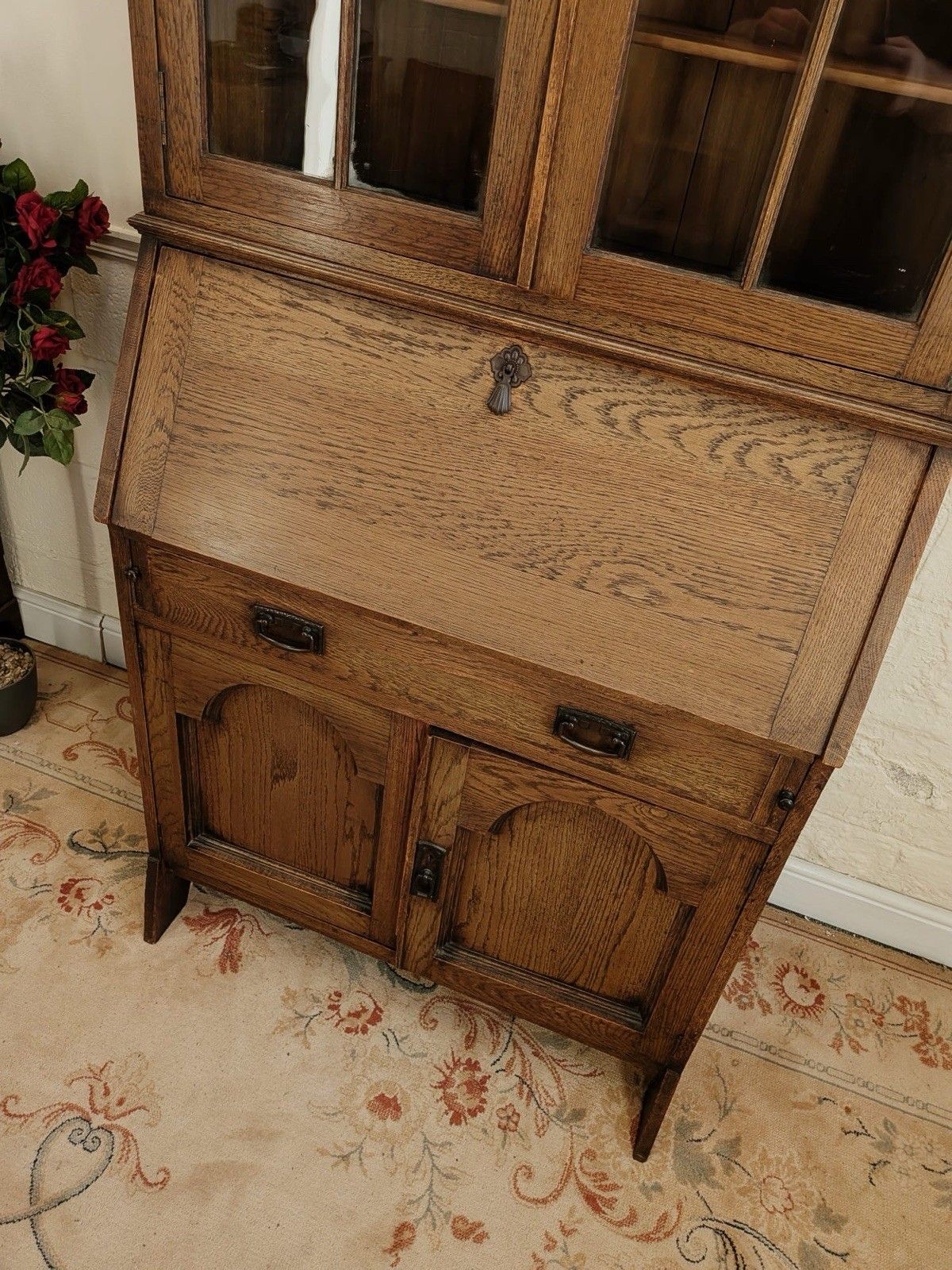 Edwardian Solid Oak Bookcase Bureau photo Furniture