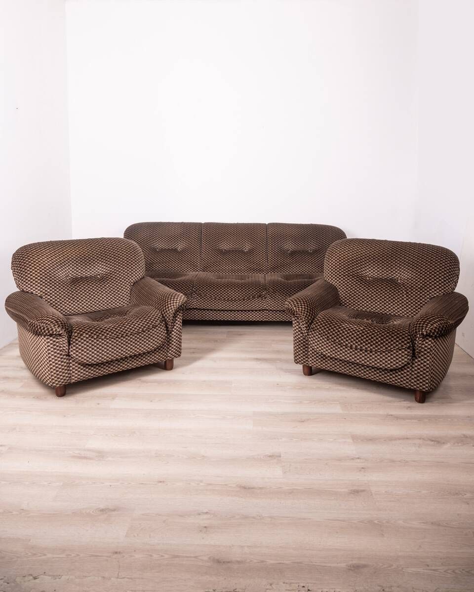 Living Room Sofa And Pair Of Vintage Armchairs From The 70s In Italian Design Fabric photo furniture