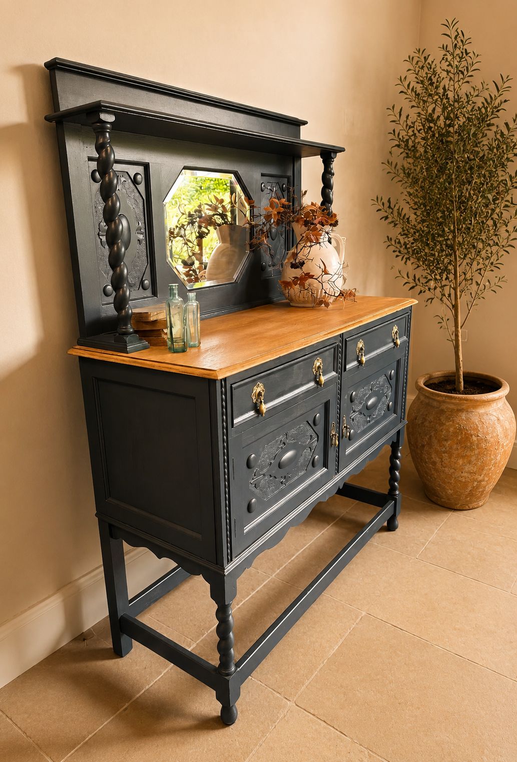 The Inkwell Dresser | Restored Vintage Dresser In Inky Blue With Oak Top photo furniture