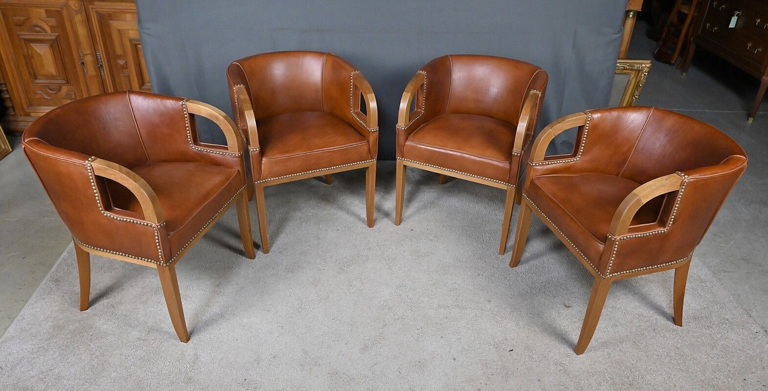 Set Of 4 Art Deco Armchairs In Walnut & Leather – 1940 photo for sale