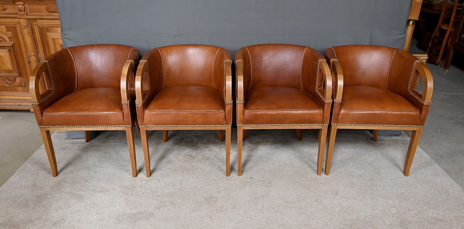 Set Of 4 Art Deco Armchairs In Walnut & Leather – 1940 photo Furniture