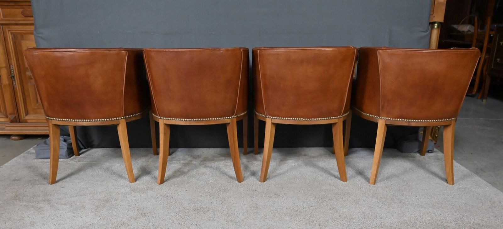Set Of 4 Art Deco Armchairs In Walnut & Leather – 1940 photo vintage
