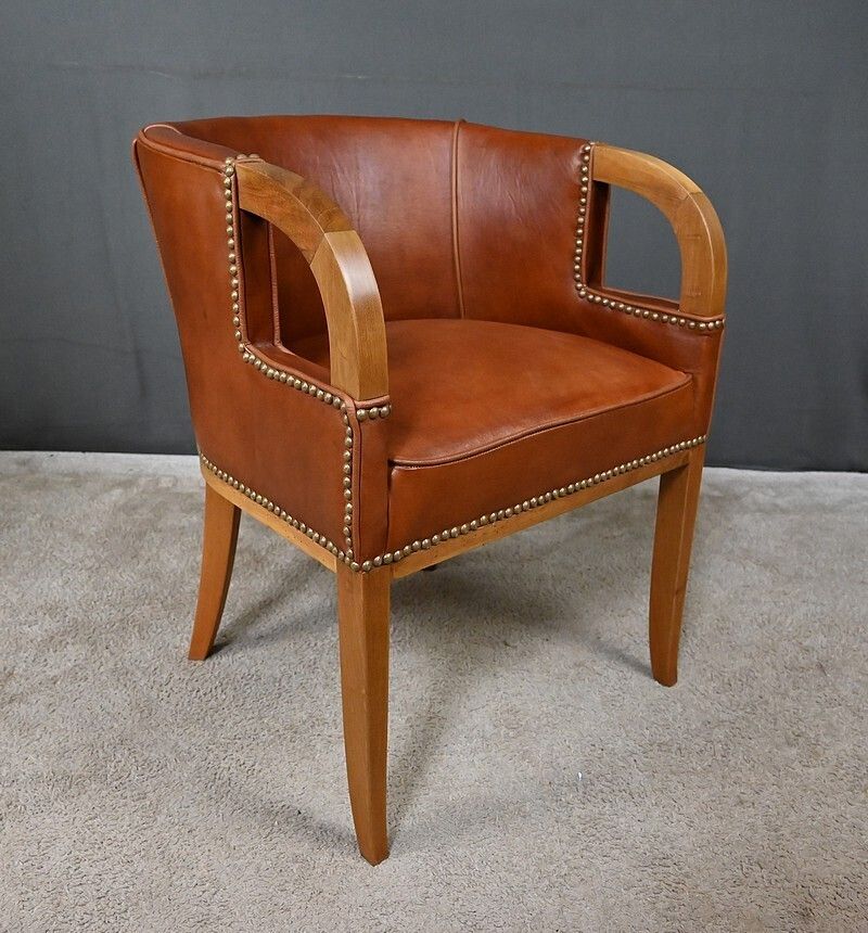 photo vinterior Set Of 4 Art Deco Armchairs In Walnut & Leather – 1940