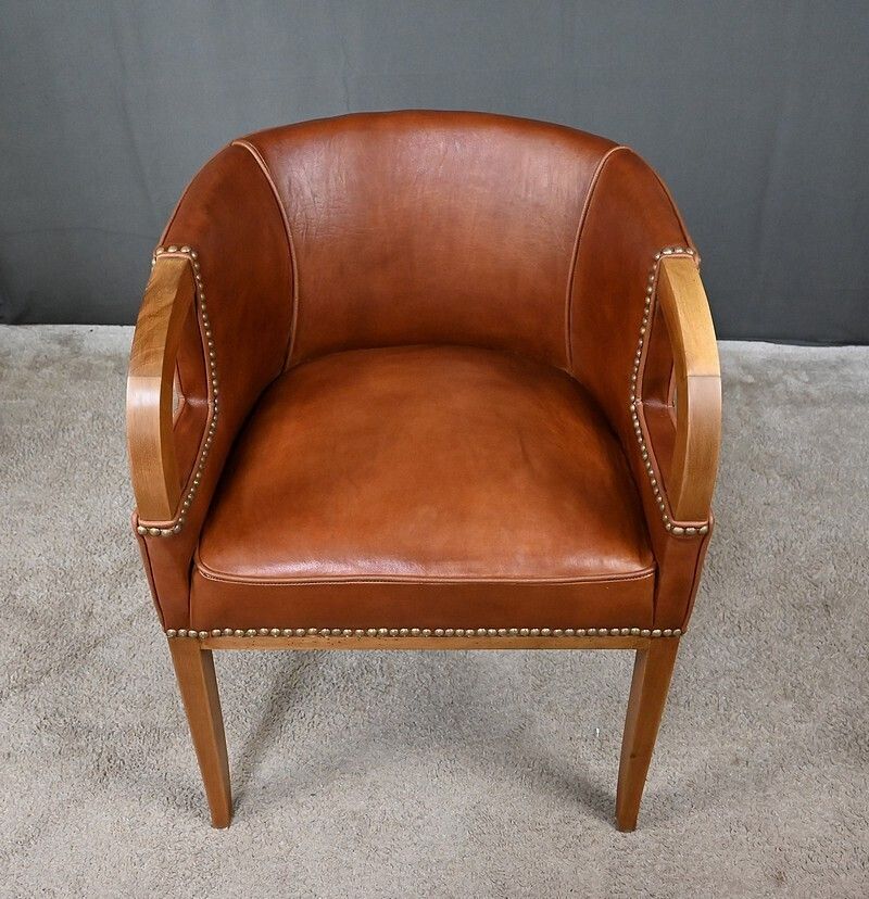 photo buy Set Of 4 Art Deco Armchairs In Walnut & Leather – 1940