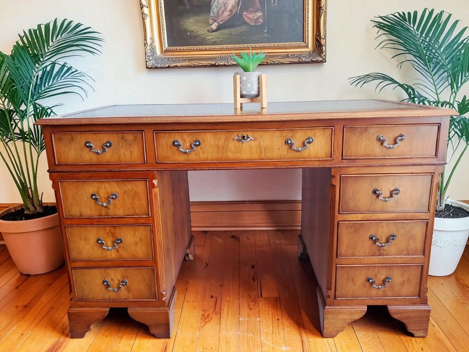 Antique Twin Pedestal Desk Wooden Vintage Desk Yew Wood Leather Top 1980 photo for sale