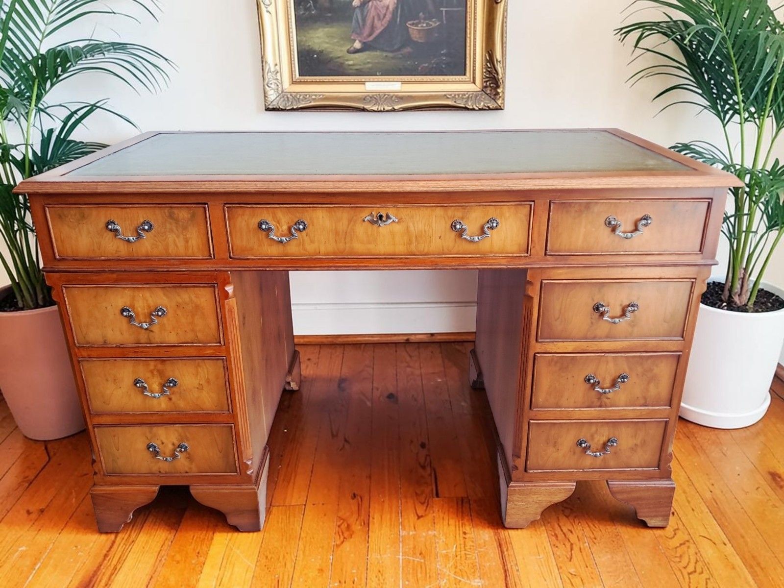 Antique Twin Pedestal Desk Wooden Vintage Desk Yew Wood Leather Top 1980 photo buy