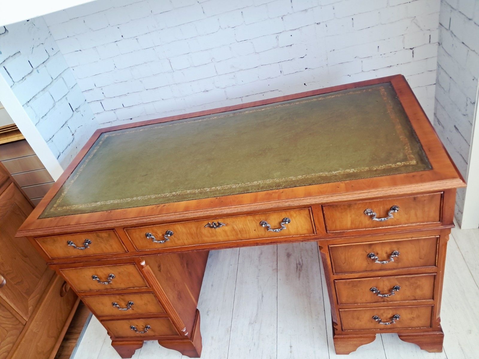 photo for sale Antique Twin Pedestal Desk Wooden Vintage Desk Yew Wood Leather Top 1980