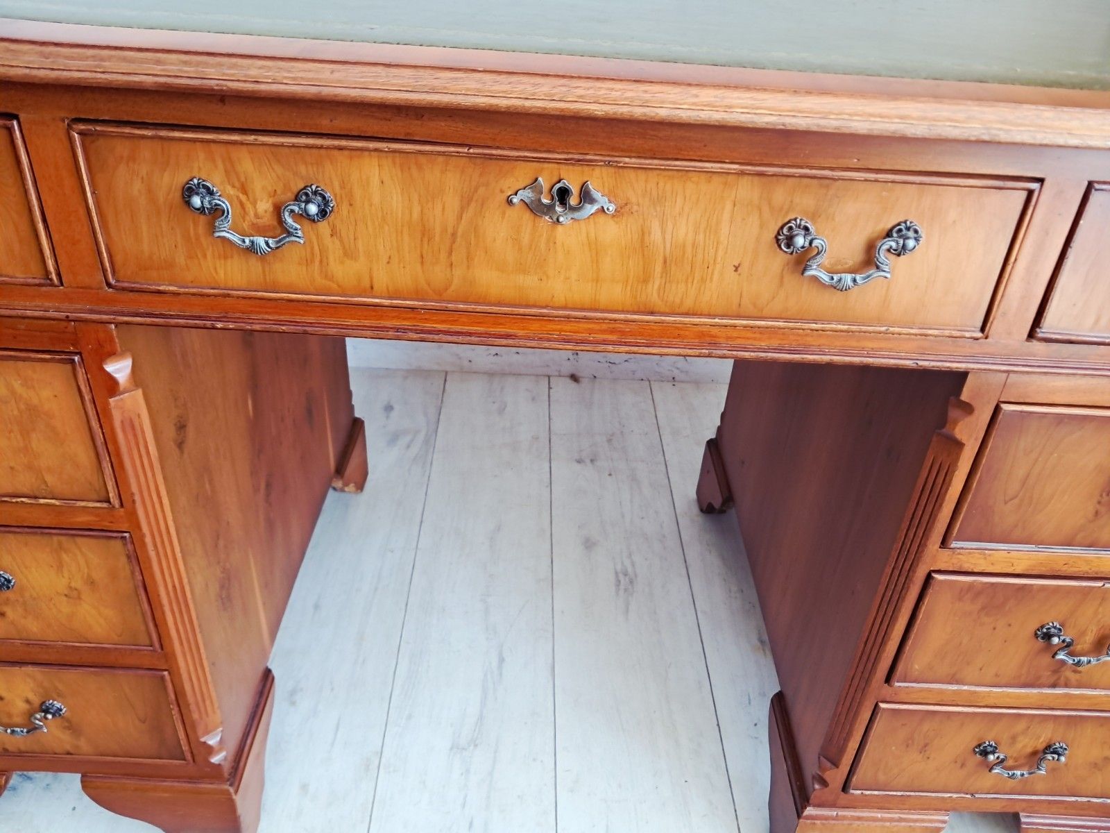 photo buy Antique Twin Pedestal Desk Wooden Vintage Desk Yew Wood Leather Top 1980