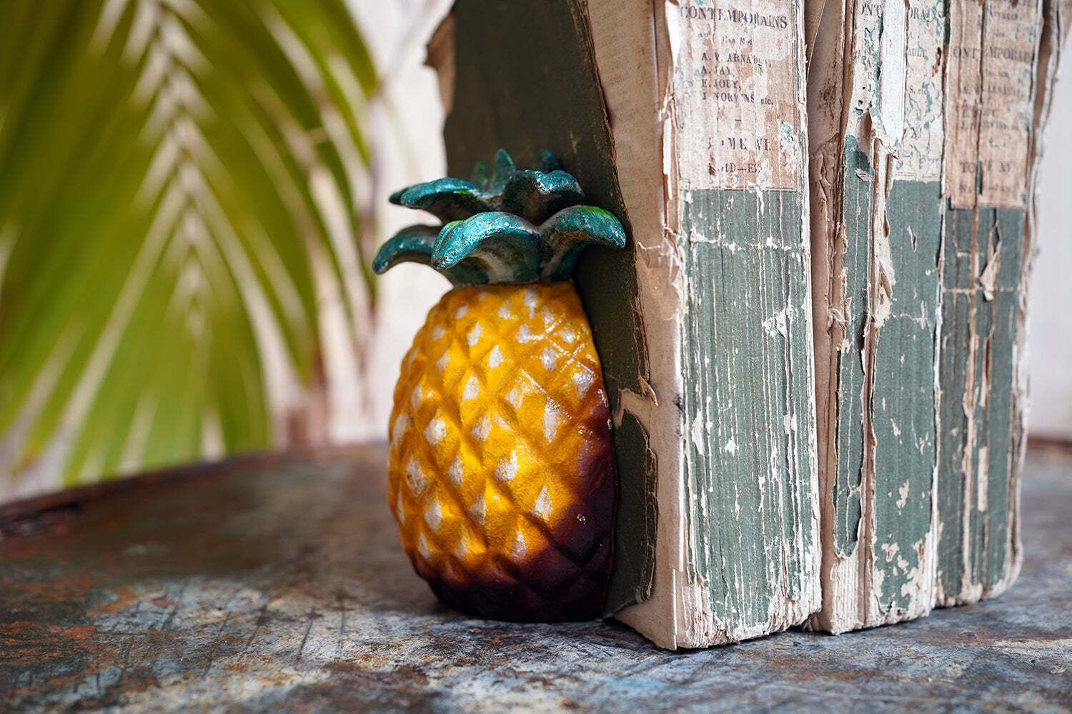 A Pair Of Mid 20thc Novelty Cold Painted Cast Metal Bookends In The Form Of A Pineapple C.1960 70