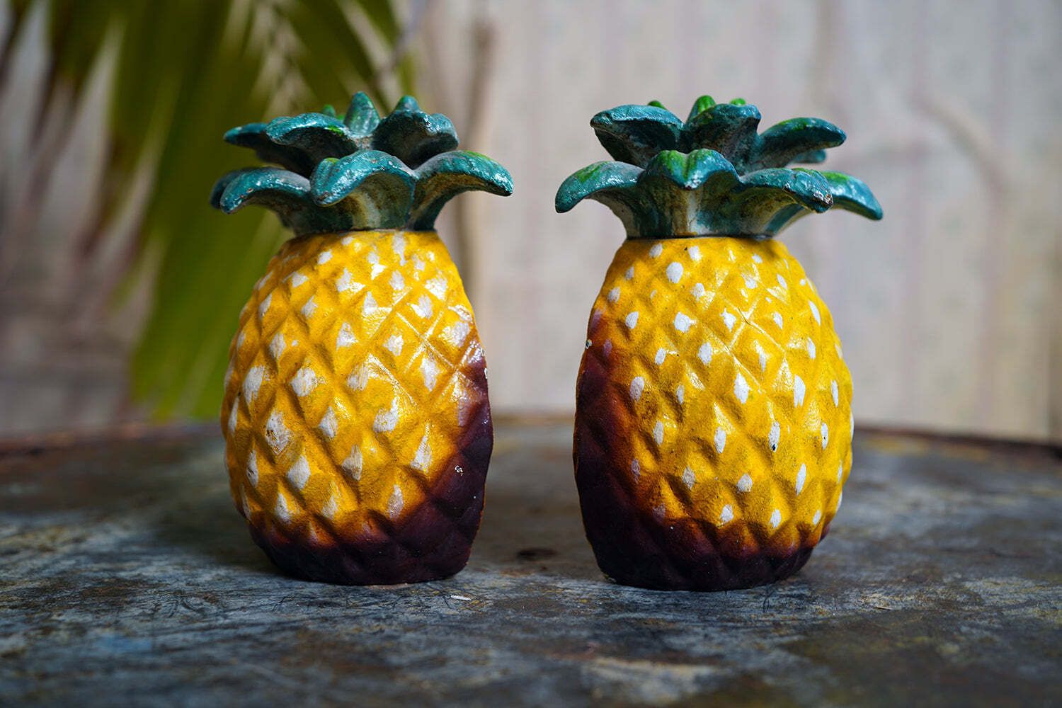 A Pair Of Mid 20thc Novelty Cold Painted Cast Metal Bookends In The Form Of A Pineapple C.1960 70 photo furniture