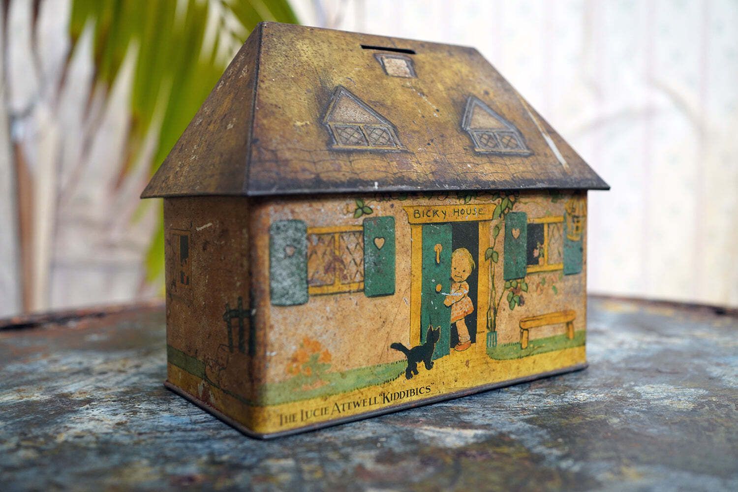 photo vinterior A Charming C.1930s Crawford & Sons Ltd Tin Biscuit Barrel Money Box; 'Bicky House' By Mabel Lucie Attwell