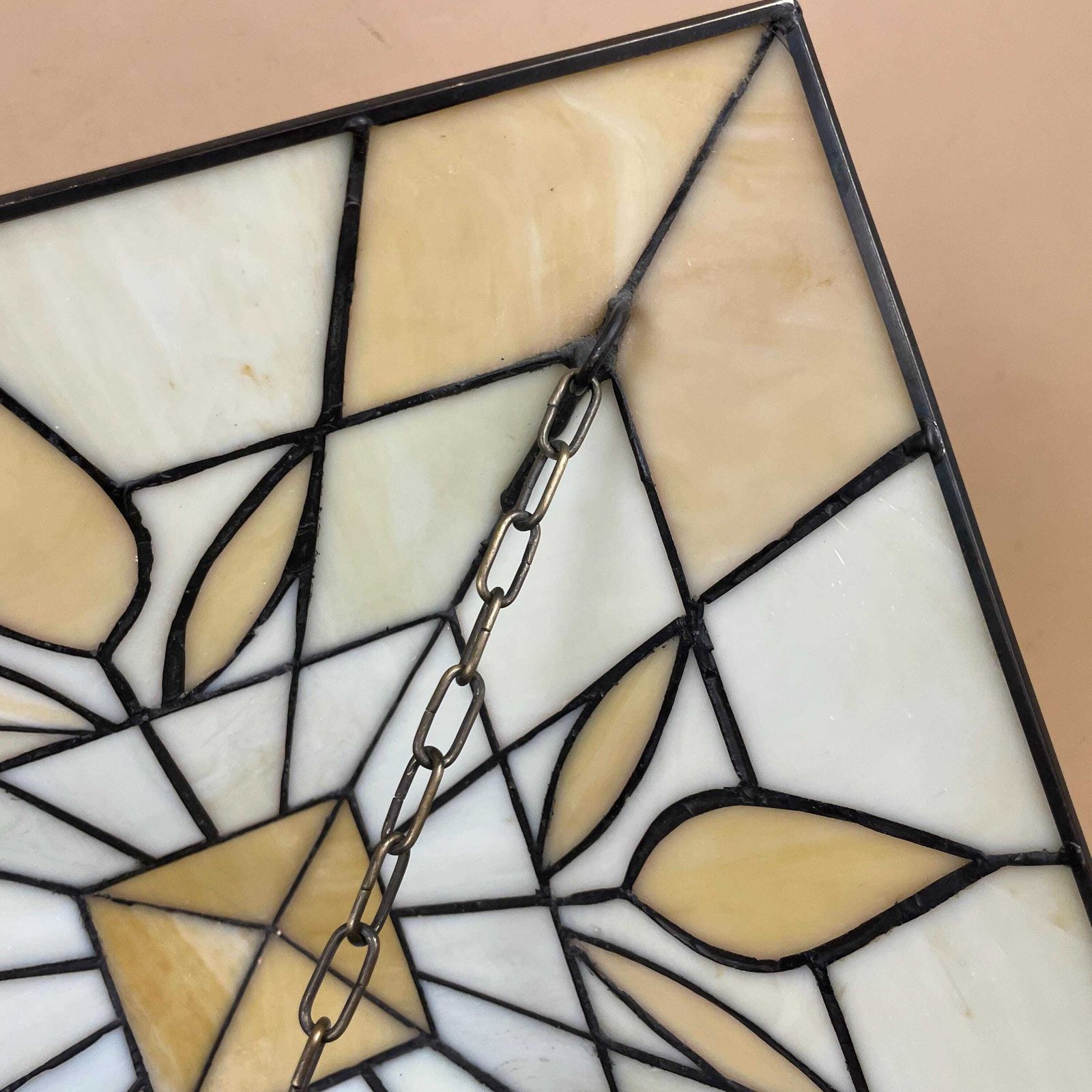 photo for sale Art Deco Stained Glass Tiffany Style Ceiling Shade White Cream Geometric Chain Hanging Light Shade