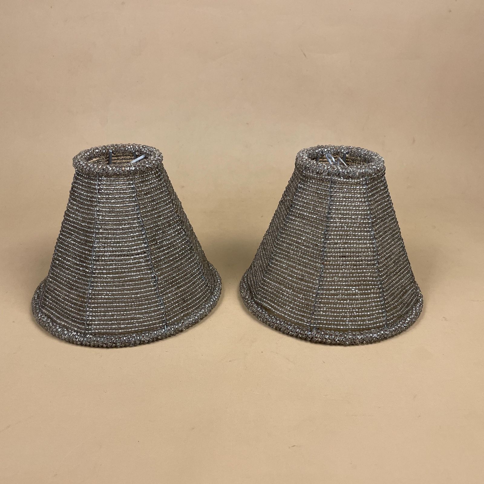Silver Beaded Lamp Shades Pair Vintage Hollywood Regency Glam Conical Table Light Shades For Bedroom Or Living Room Decor photo furniture