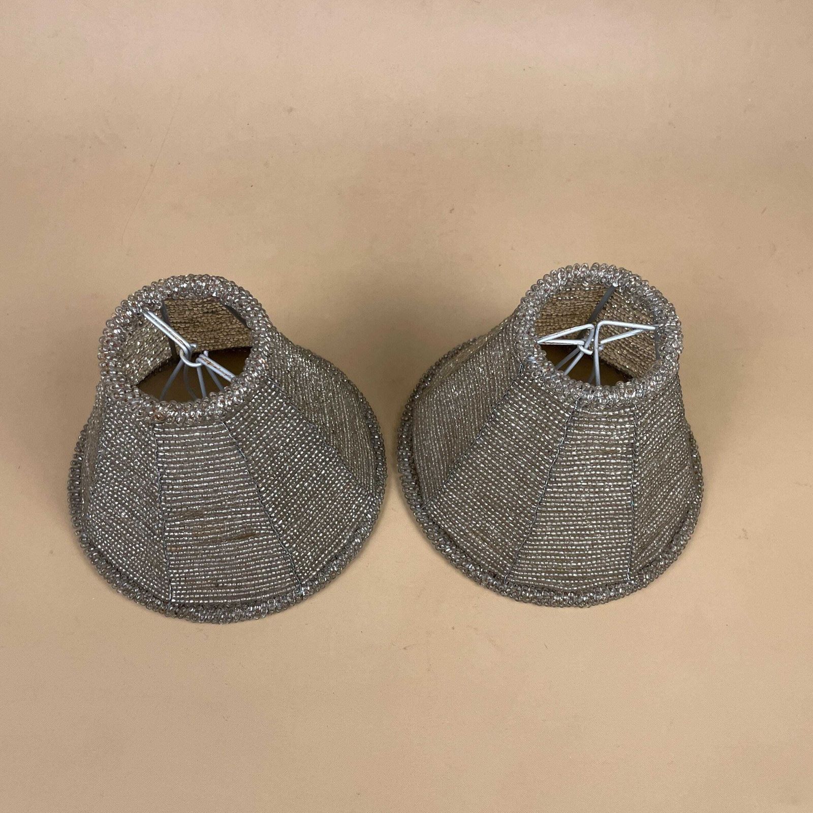 Silver Beaded Lamp Shades Pair Vintage Hollywood Regency Glam Conical Table Light Shades For Bedroom Or Living Room Decor photo Lighting