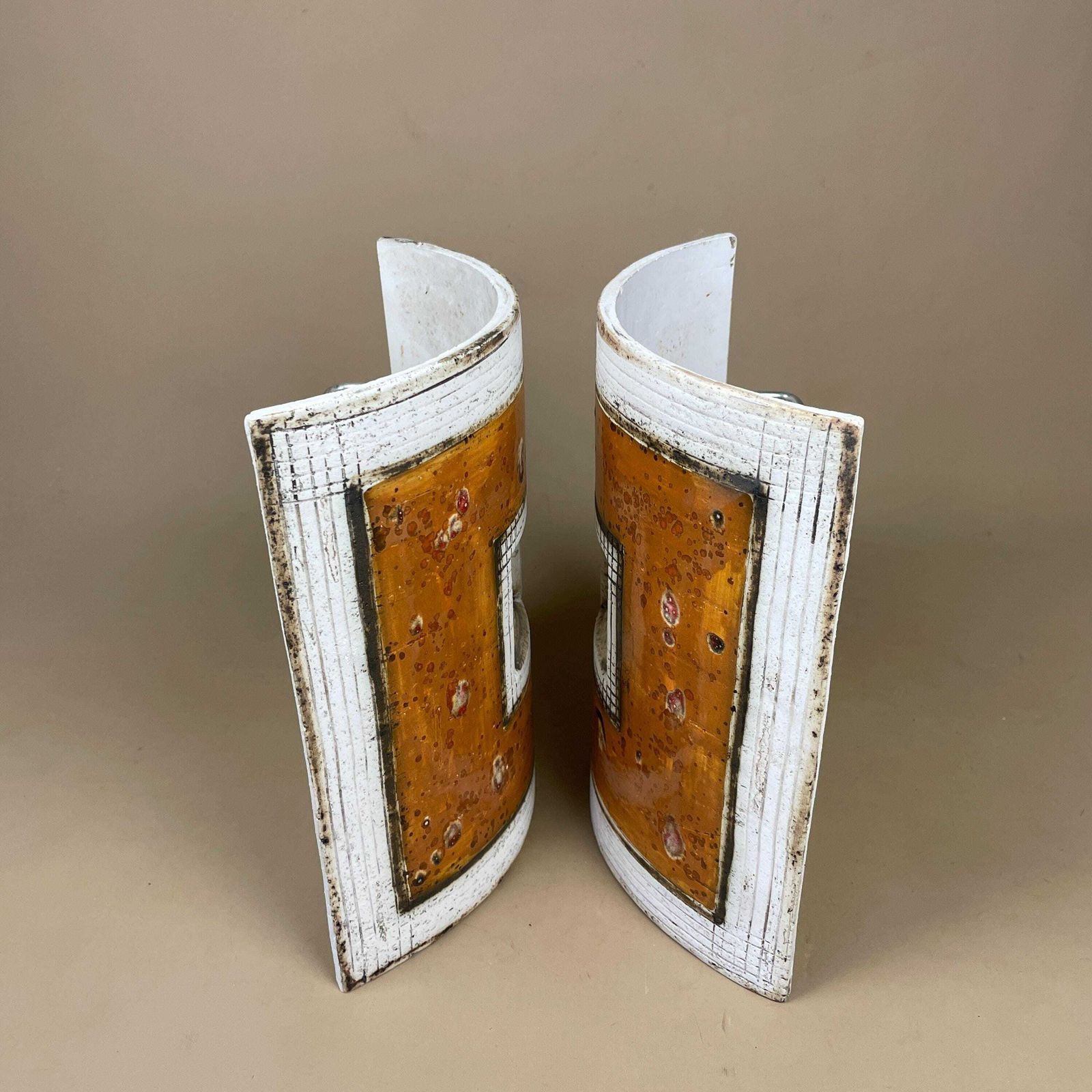 Handmade Ceramic Wall Light Pair African Brutalist Studio Pottery Sconce White Amber Mustard Geometric Wall Accent Decor photo for sale