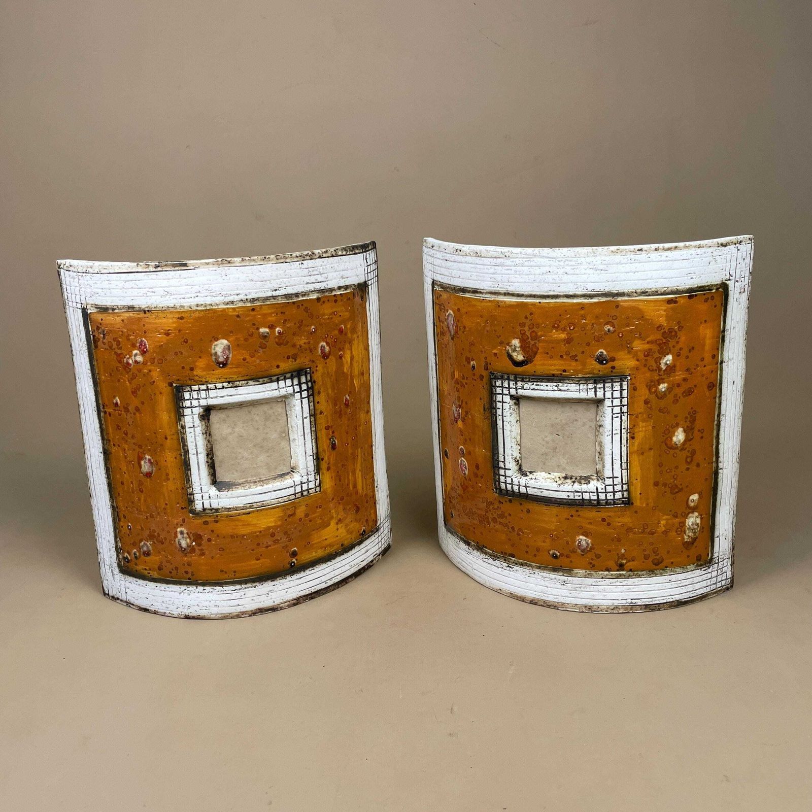 Handmade Ceramic Wall Light Pair African Brutalist Studio Pottery Sconce White Amber Mustard Geometric Wall Accent Decor photo vinterior