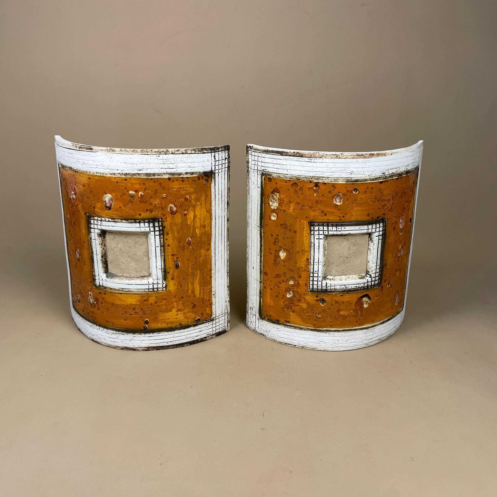 photo for sale Handmade Ceramic Wall Light Pair African Brutalist Studio Pottery Sconce White Amber Mustard Geometric Wall Accent Decor