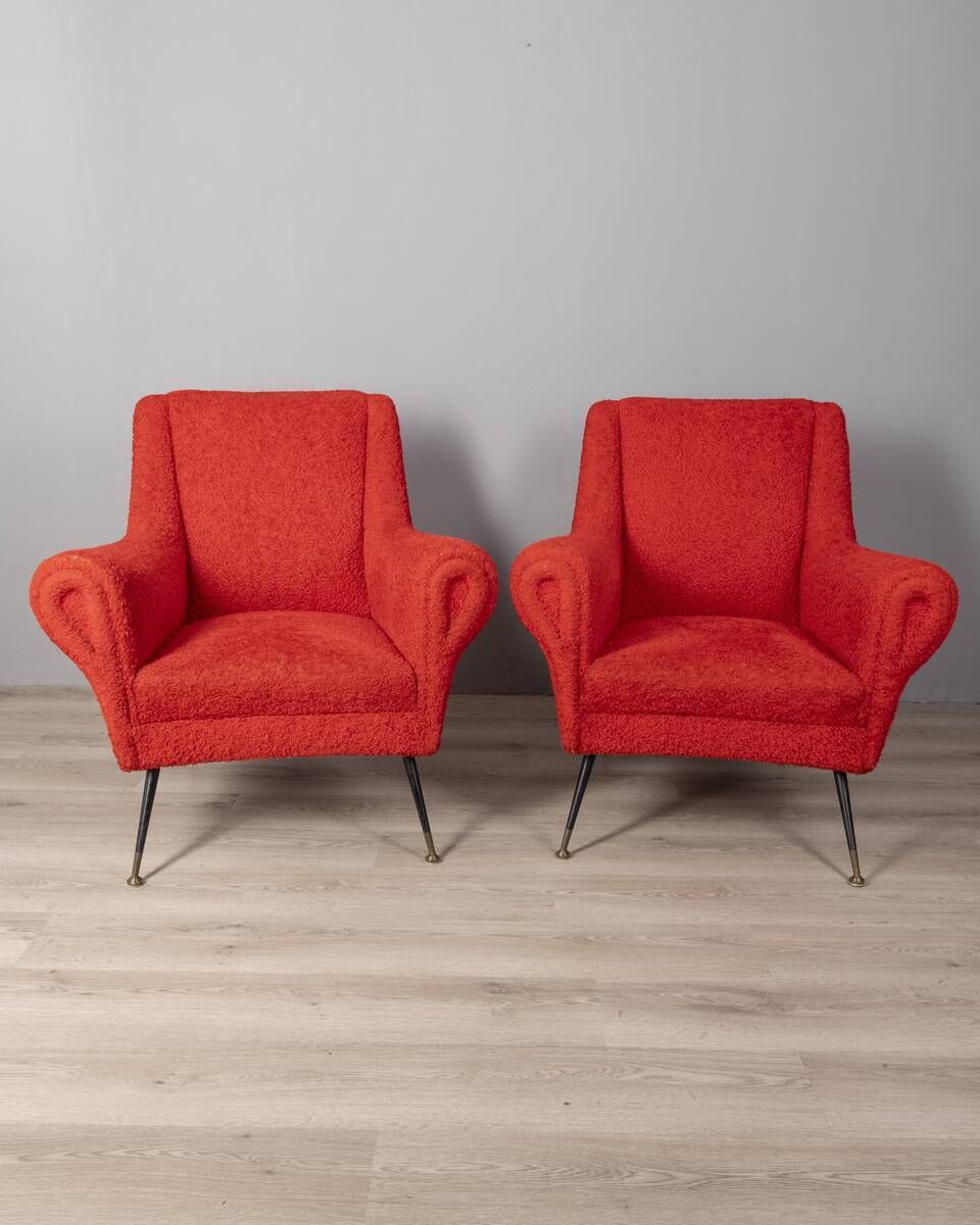 Furniture Pair Of Vintage 50s Armchairs Red Fabric Italian Design photo